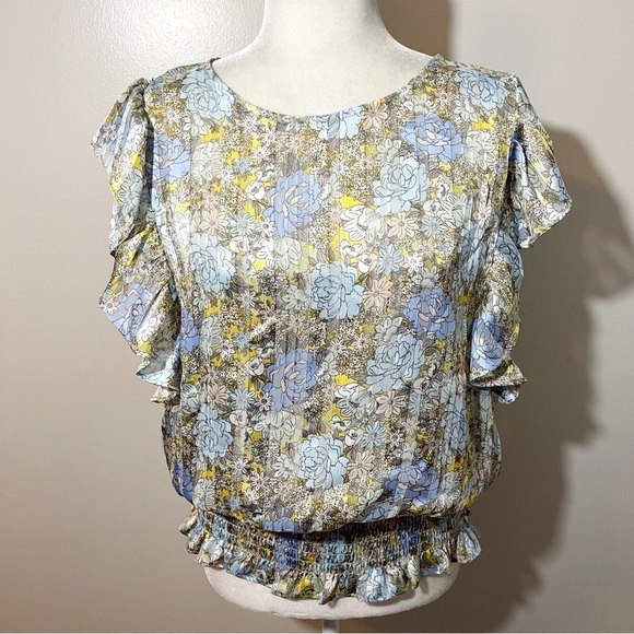 PLEIONE Blue Yellow Floral Smocked Flutter Sleeve Sides Blouse - LARGE - Picture 1 of 9